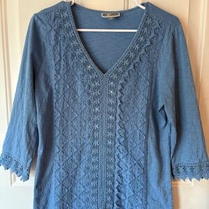Women’s Lace Front Top, Tunic, Blue, V-neck, 3/4 Length Sleeve, Size M